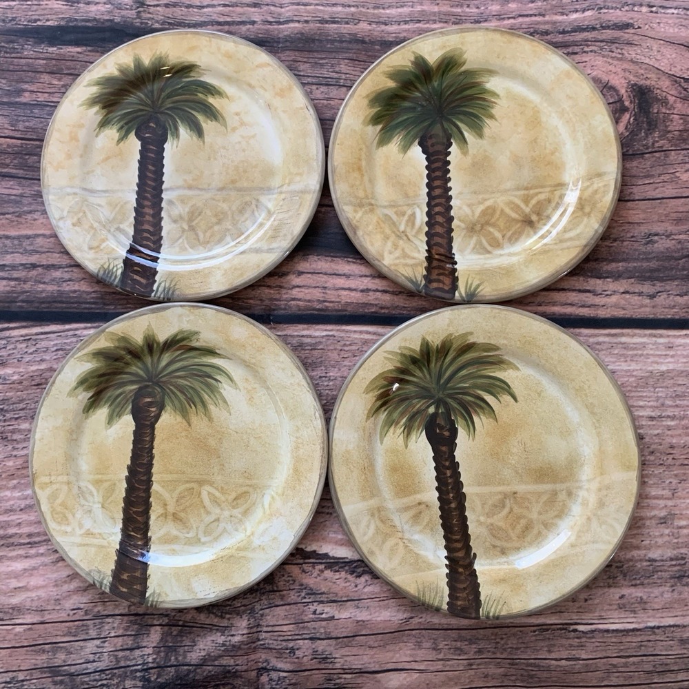4 Tabletops Unlimited BELLAGIO Salad Lunch Plates Palm Tree 8.5" Hand Painted